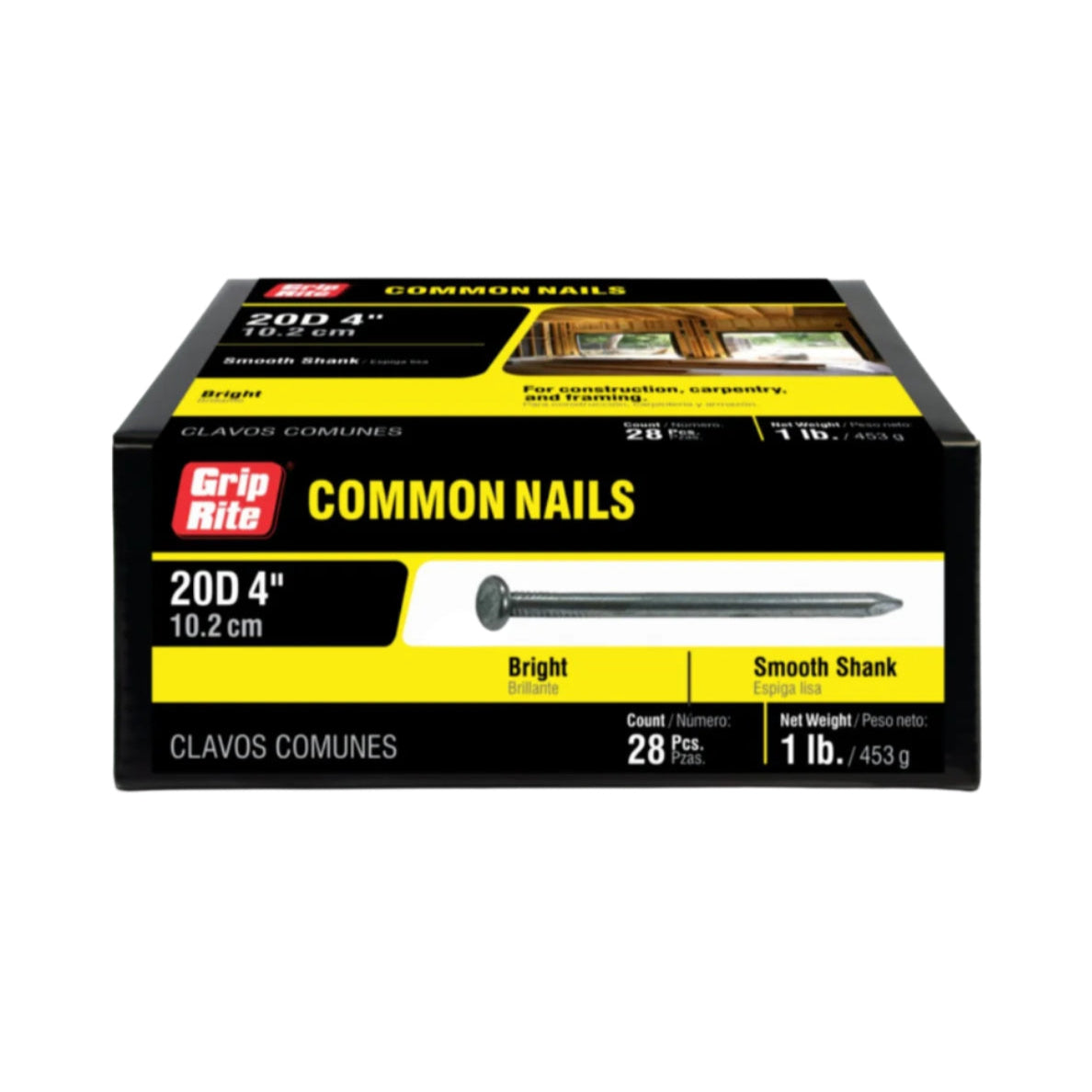 The Grip-Rite 20C1 #6 x 4 in. 20D Bright Common Nails, perfect for framing or construction, features a smooth shank, a count of 28 pieces per 1 lb package, with bilingual (English/Spanish) labeling and an illustrative nail image.